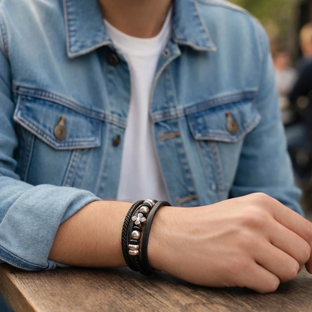 Black Leather Bracelet Braided Multi Strand Stainless Steel Cross Biyongde 8.5